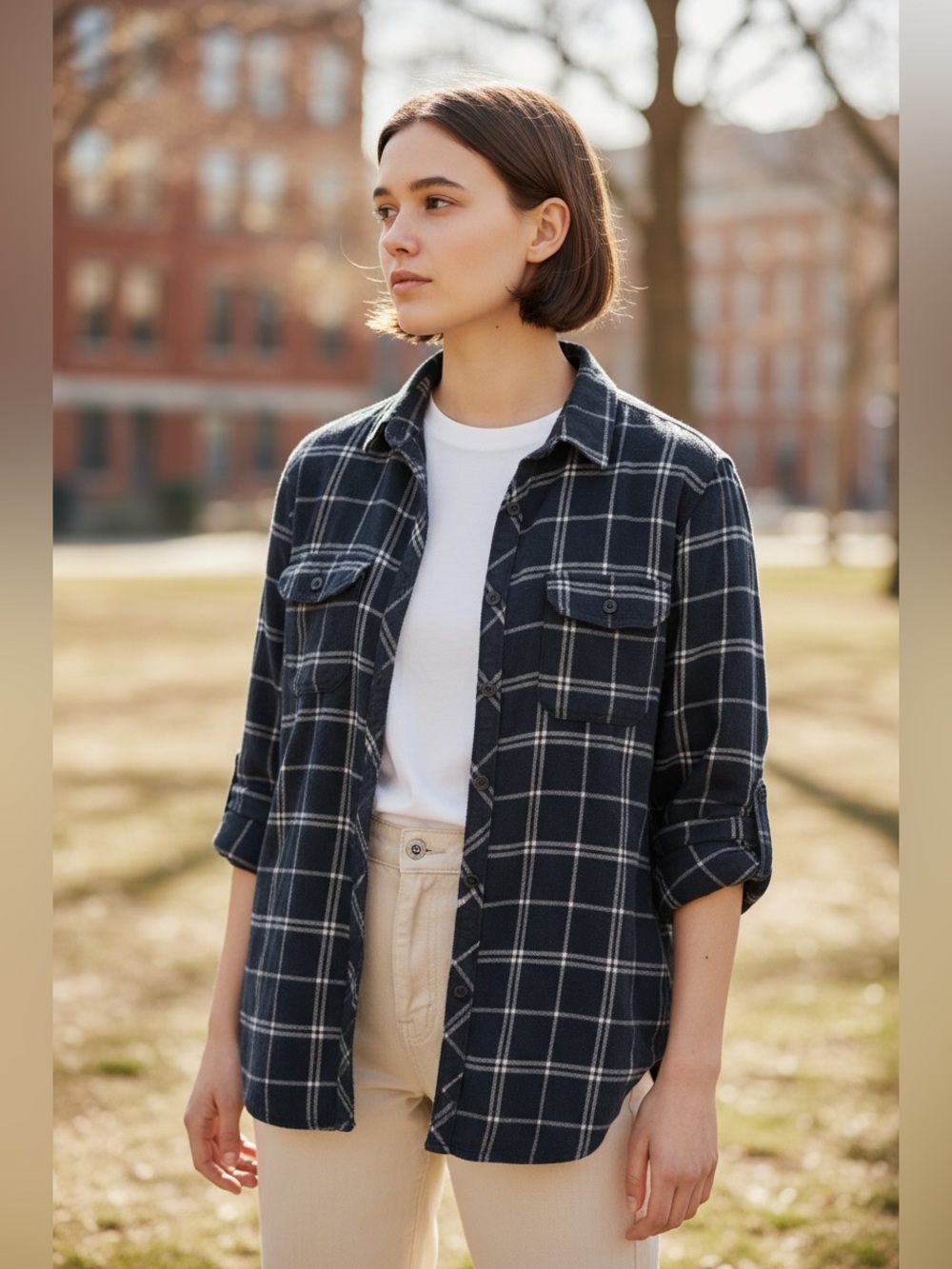 Croft & Barrow Women's Plus 2X Navy Blue White Plaid Long Sleeve Shirt